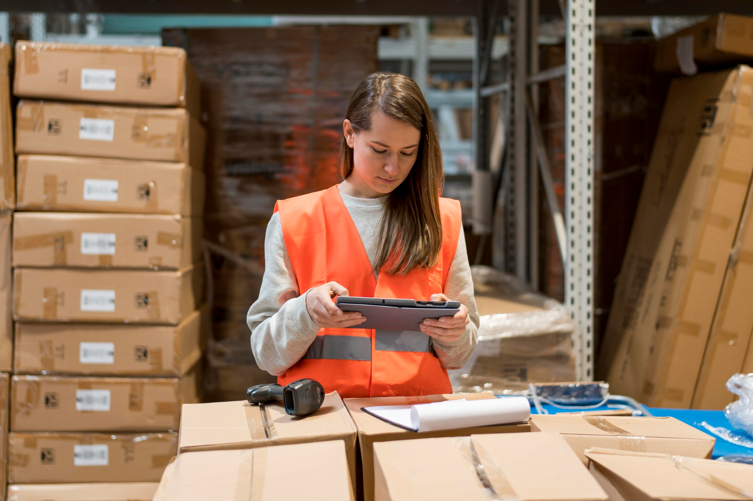 Girl warehouse associate at fulfilling Amazon orders