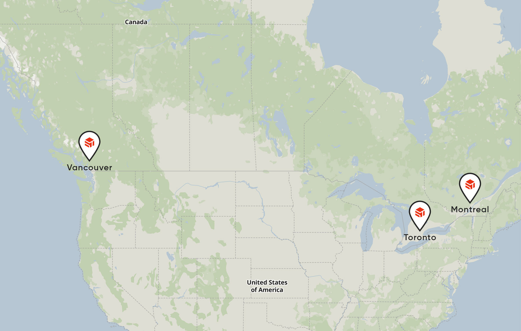 Shiptop' warehouse locations on a map of North America.