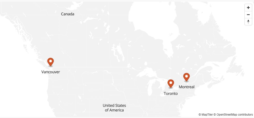 A location of ShipTop's warehouses on a map of North America.