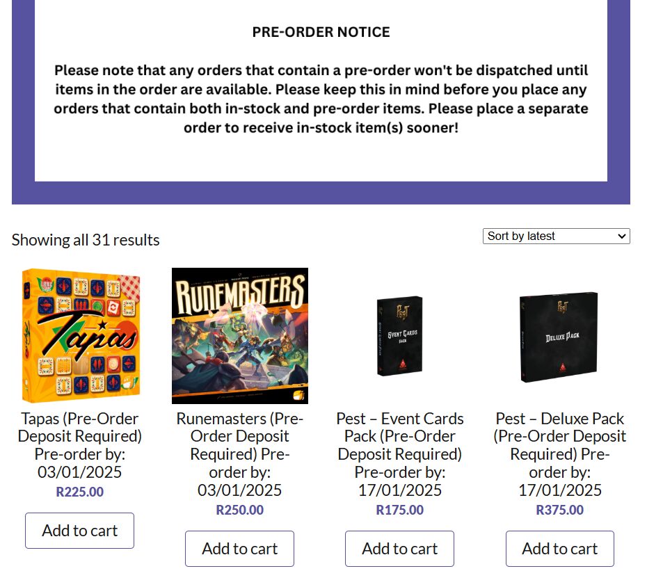 Example of a pre-order notice from Grinning Gargoyle Gaming website.